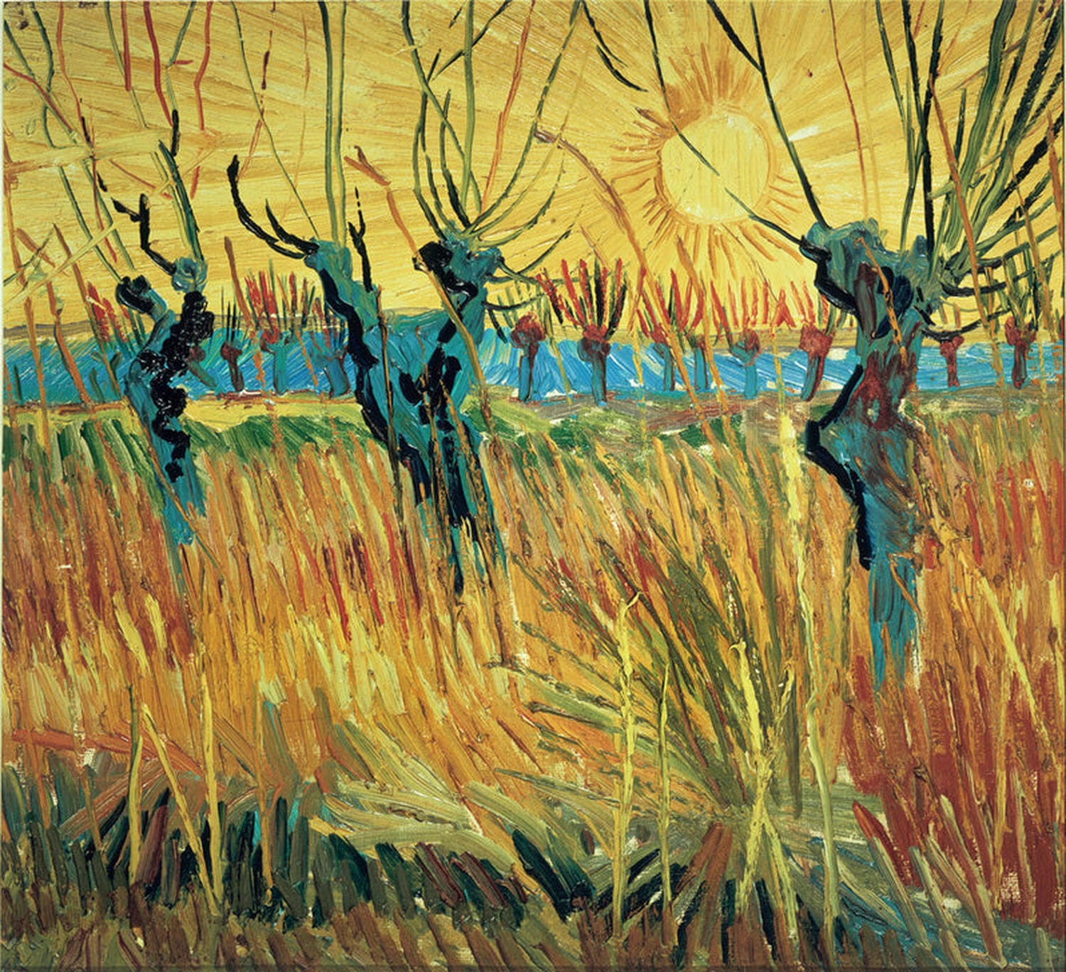 Landschaft mit Weiden und leuchtendem Sonnenuntergang in warmen Farben, Gemälde von Vincent van Gogh.