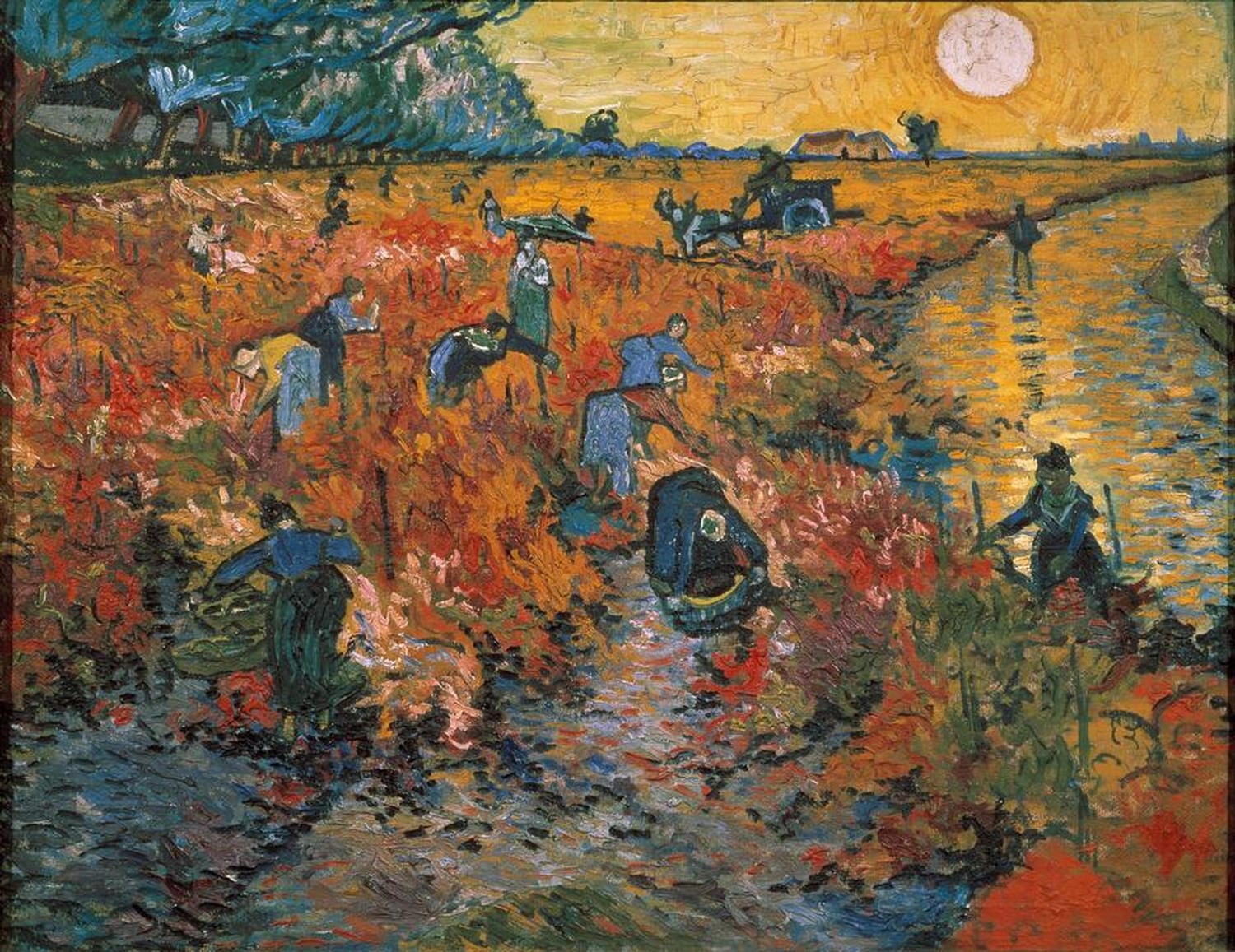 Weinleserinnen im roten Weinberg unter gelbem Himmel in Van Goghs expressionistischem Stil.
