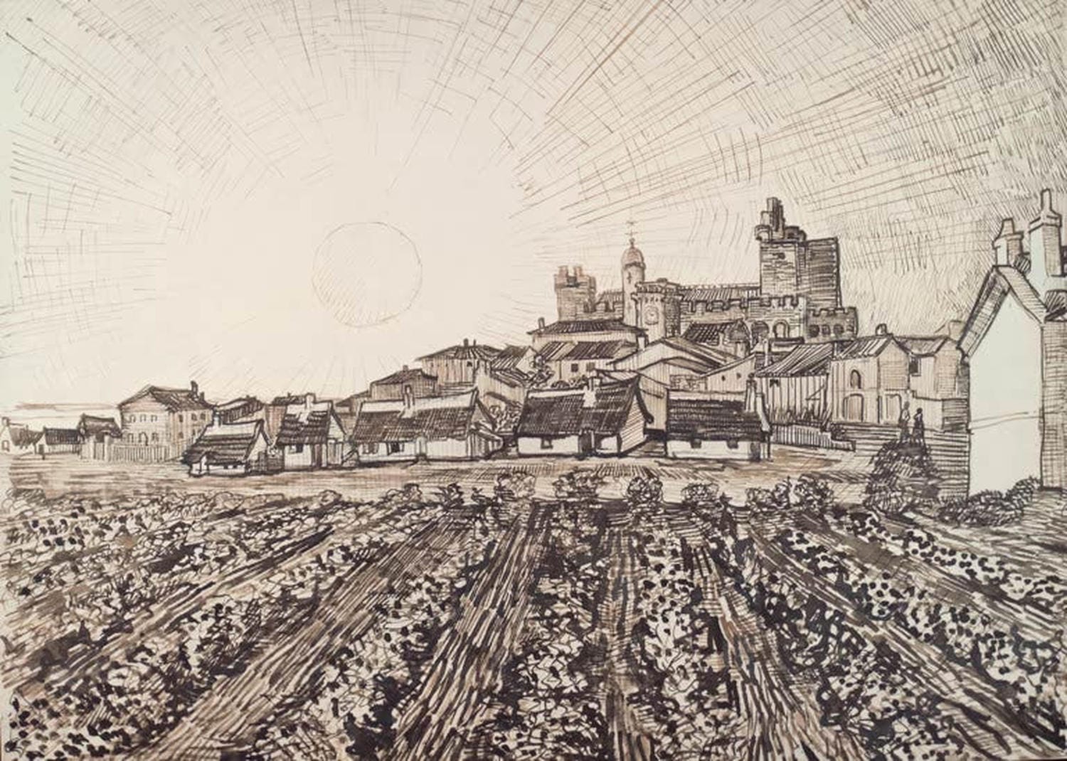„Blick auf Saintes-Maries“ von Vincent van Gogh: Küstenstadt mit Häusern, Strand und Meer in lebendigen Farben und dynamischen Pinselstrichen dargestellt.