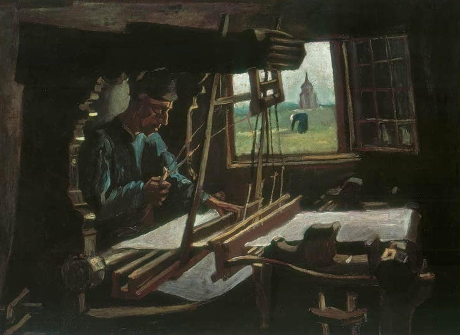 „Weber vor offenem Fenster“ von Vincent van Gogh: Weber an einem Tisch vor offenem Fenster, dargestellt in kräftigen Farben und markanten Pinselstrichen.