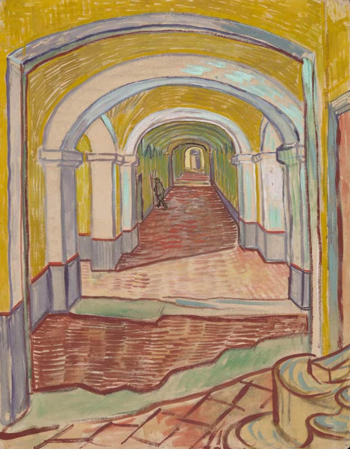 „Korridor in der Heilanstalt“ von Vincent van Gogh: langer, leerer Krankenhauskorridor in gedeckten Farben mit expressiven, sichtbaren Pinselstrichen.
