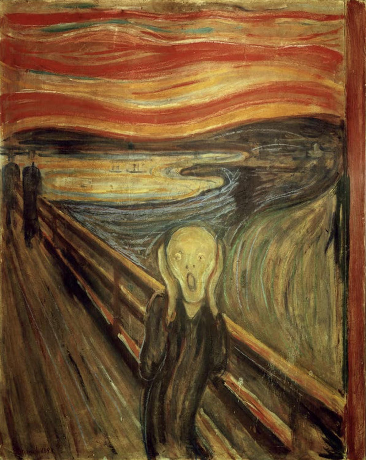 „Der Schrei“ von Edvard Munch. Expressionistisches Gemälde mit verzerrter Figur vor dramatischer Landschaft.