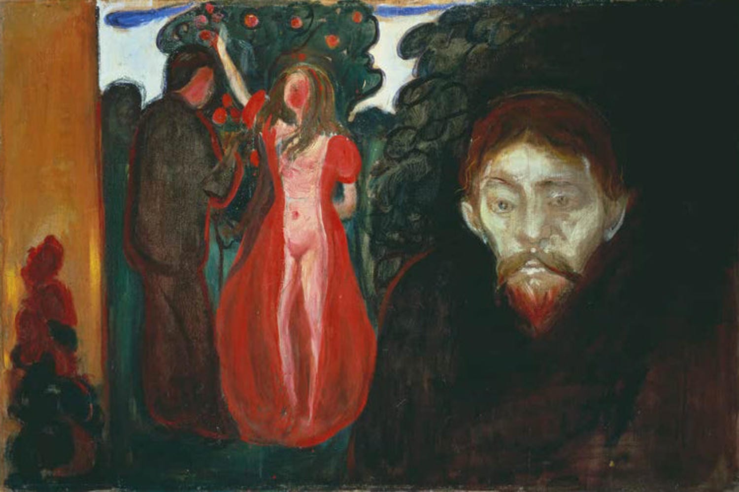 Edvard Munch Gemälde „Eifersucht“ – expressionistisches Werk mit intensiven Farben und emotionaler Darstellung von Konflikt und Leidenschaft.