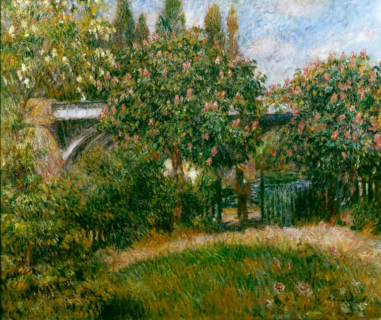 Impressionistisches Gemälde "Eisenbahnbrücke bei Chatou" von Pierre-Auguste Renoir mit Flusslandschaft, Brücke und Spiegelungen im Wasser.