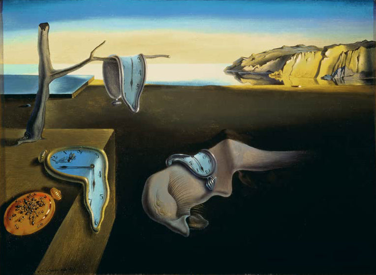 Salvador Dalí Gemälde „Die Beständigkeit der Erinnerung“ – surrealistisches Bild mit schmelzenden Uhren in einer traumhaften Landschaft.