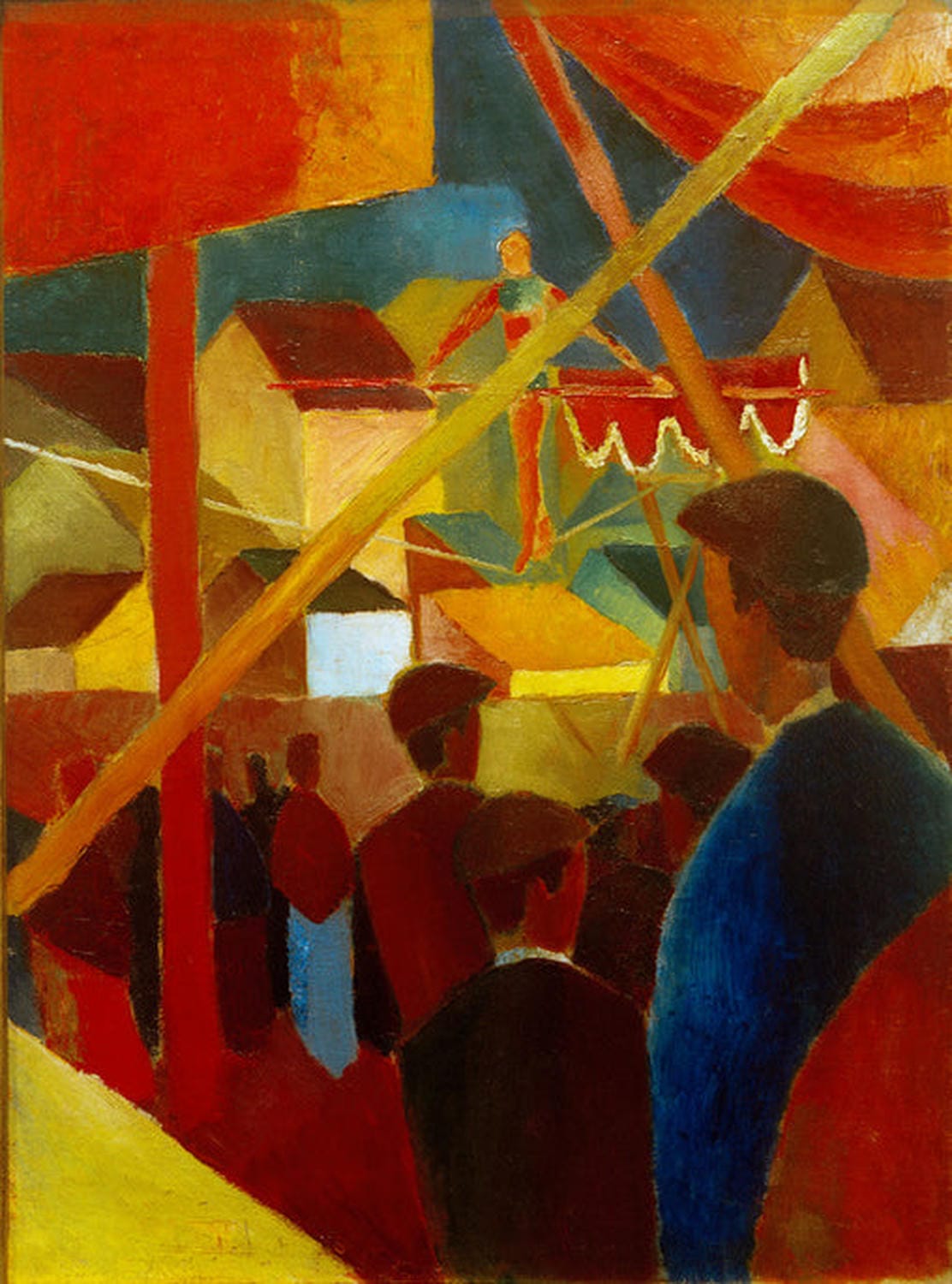 Gemälde 'Seiltänzer' von August Macke: Expressionistische Darstellung eines Seiltänzers, der auf einem Drahtseil balanciert, umgeben von leuchtenden Farben und dynamischen Formen, die Bewegung und Spannung vermitteln.