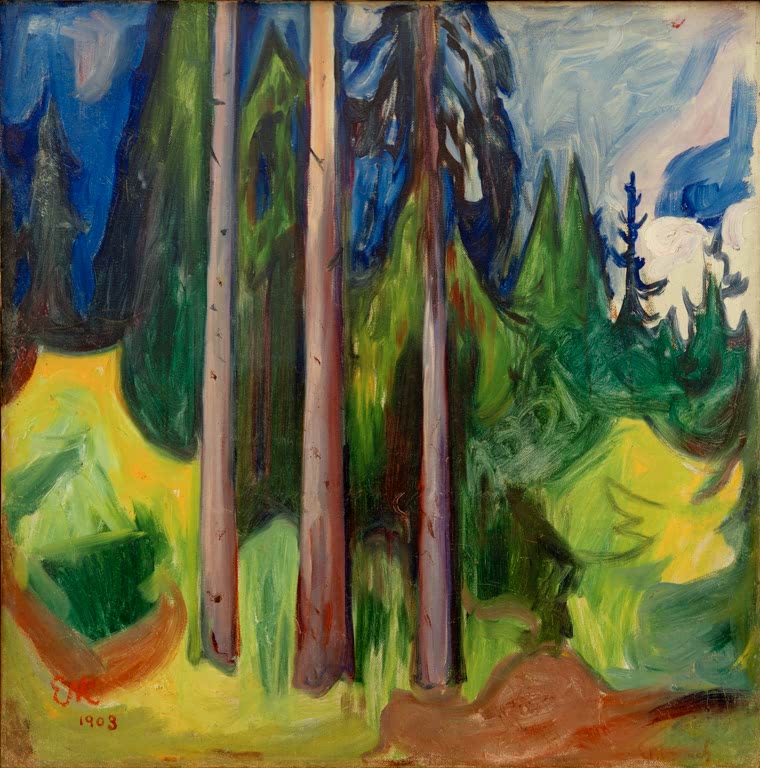 Gemälde „Der Wald“ von Edvard Munch – expressionistische Waldlandschaft mit hohen Baumstämmen und dichter Vegetation