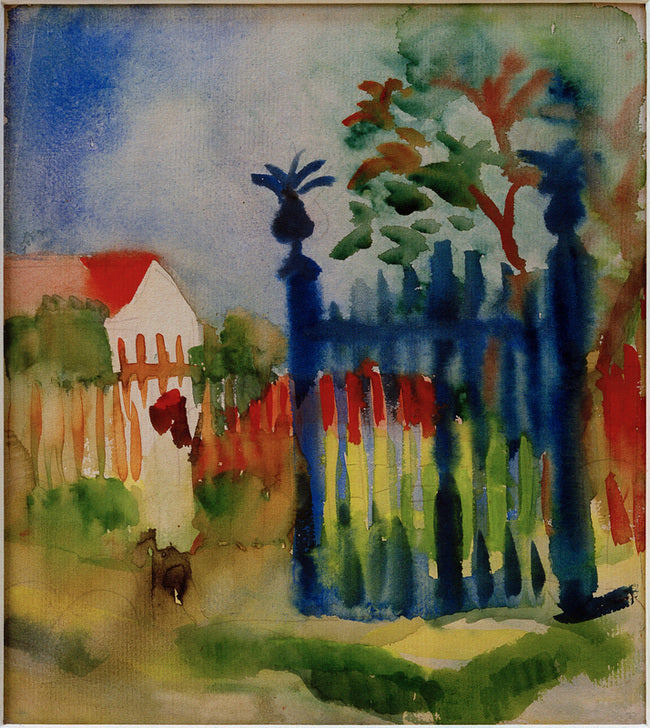 „Gartentor“ von August Macke – Ausdrucksstarke Darstellung eines Gartentors, das von lebendigen Farben und fließenden Formen umrahmt wird.