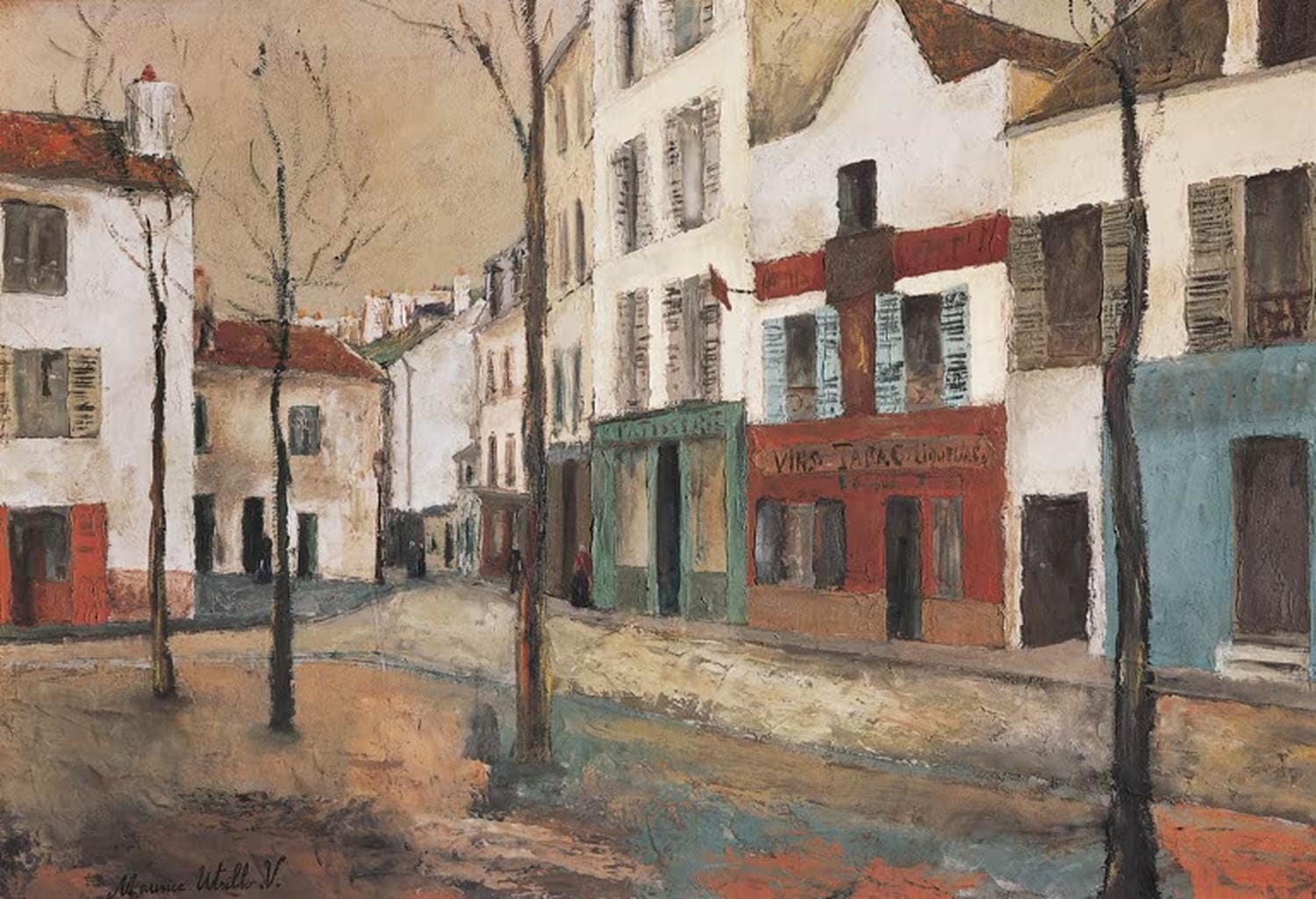 "La Place du Tertre" – pastose Montmartre-Straßenszene von Maurice Utrillo, lebendig und atmosphärisch.