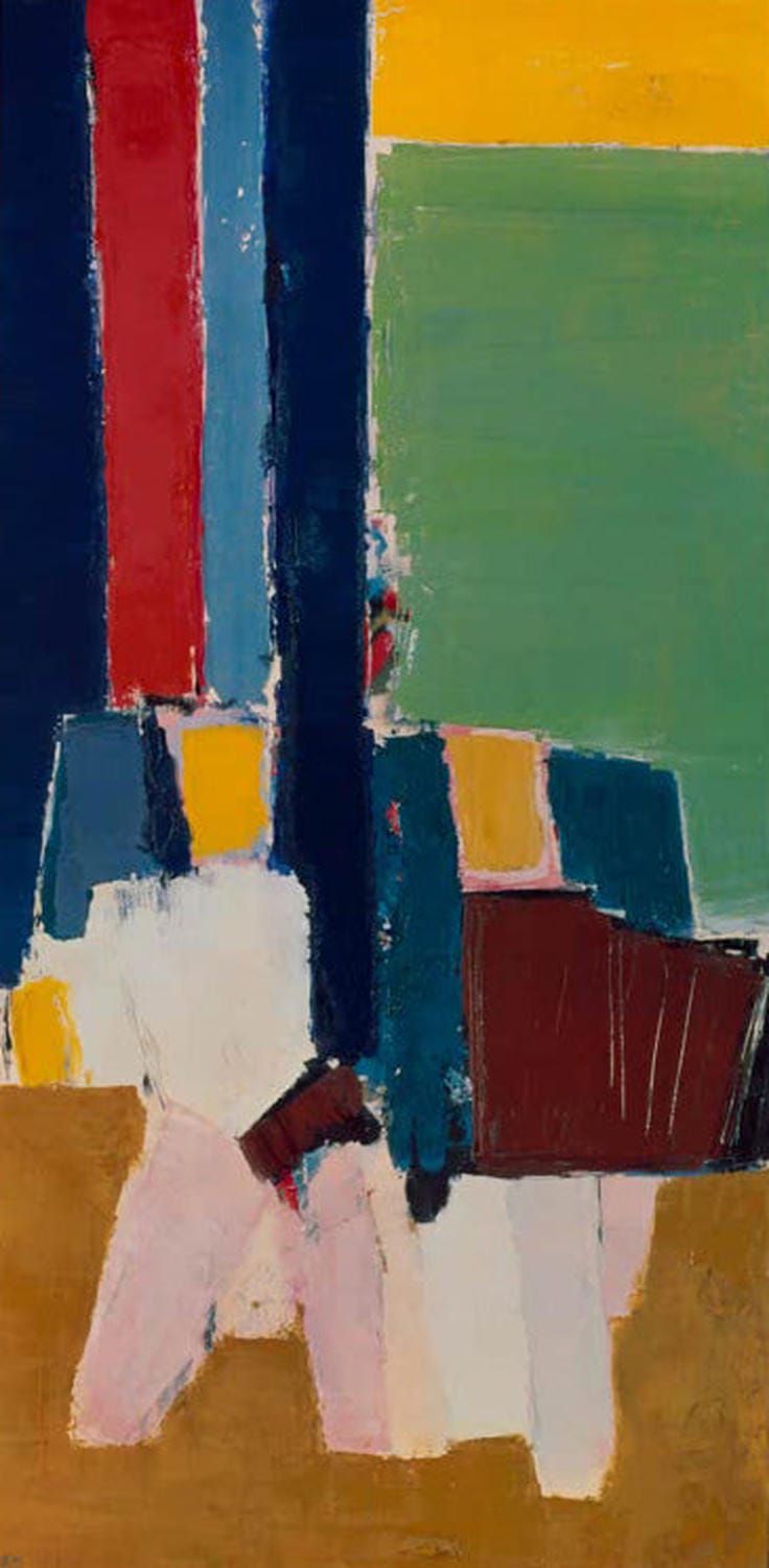 Nicolas de Staël, „Le Lavandou“, abstrakte Küstenlandschaft mit Meer, Himmel und geometrischen Farbflächen.