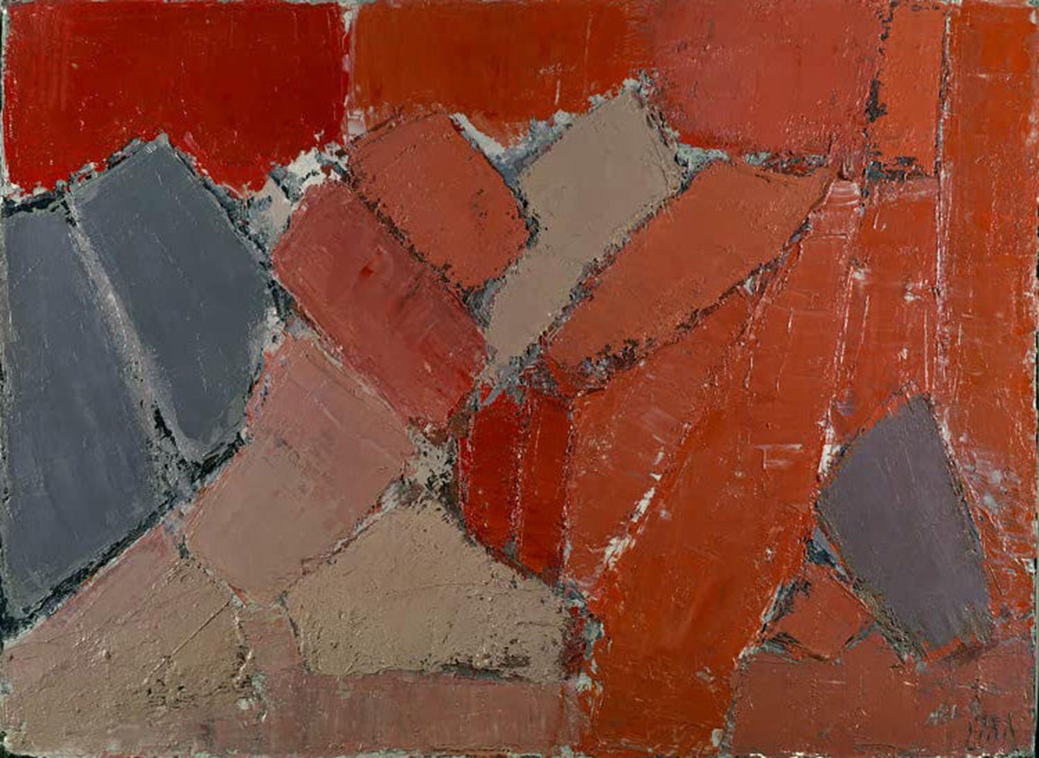 Nicolas de Staël, „Komposition“, abstraktes Gemälde mit klaren Farbflächen und harmonischer, dynamischer Struktur.