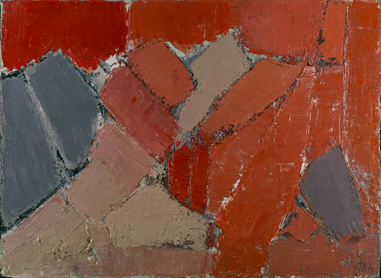 Nicolas de Staël, „Komposition“, abstraktes Gemälde mit klaren Farbflächen und harmonischer, dynamischer Struktur.