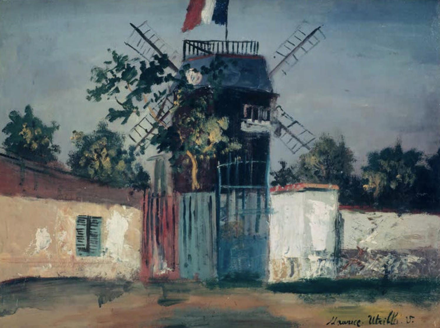 "Moulin de la Galette" von Maurice Utrillo – Montmartre-Mühle in ruhiger Pariser Stadtansicht.