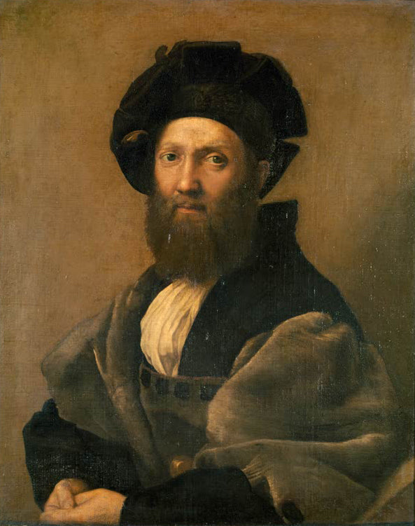 Raffael Gemälde „Baldassare Castiglione“ – Renaissance-Porträt eines eleganten Mannes mit dunklem Hut und Mantel.