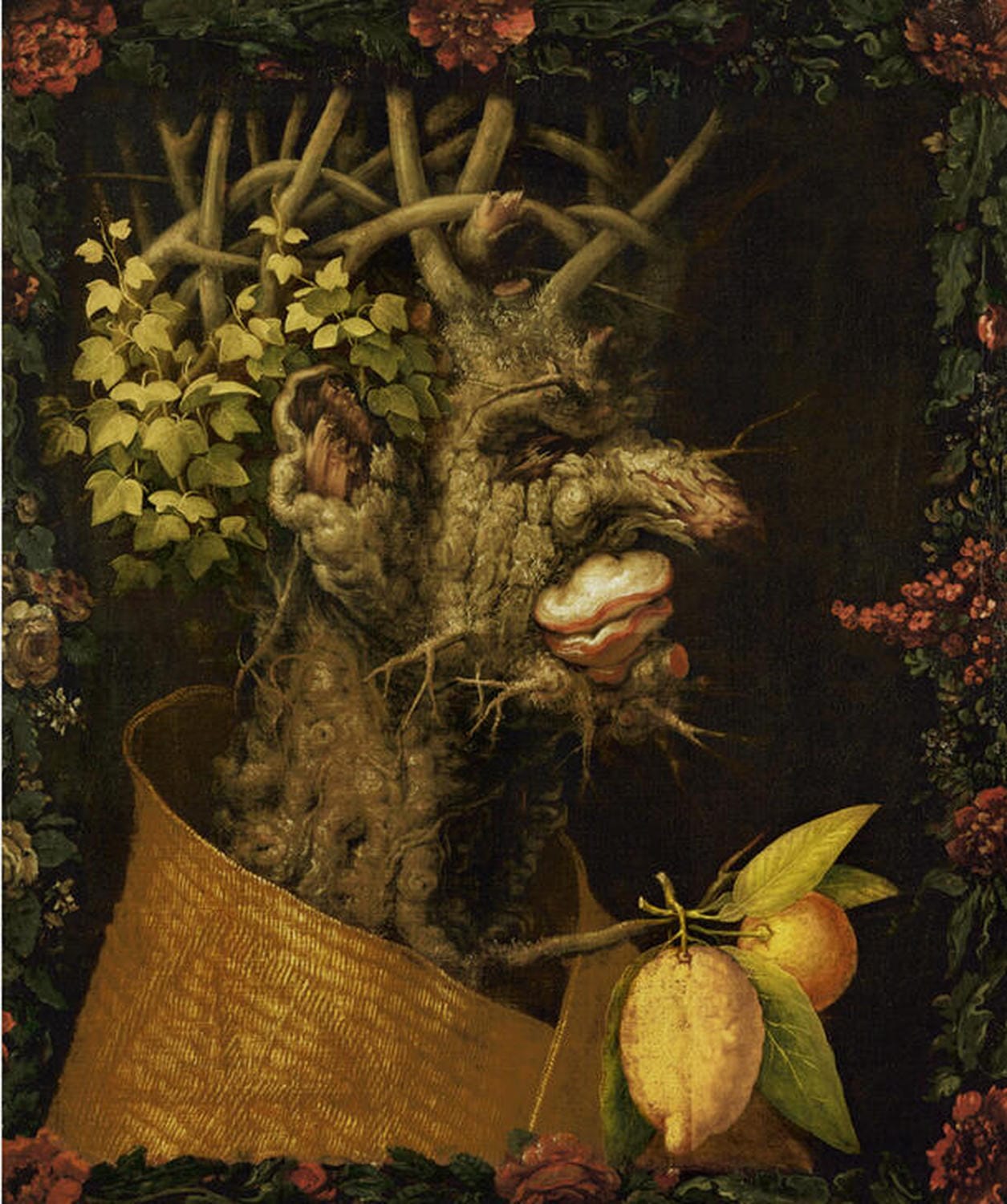 Kunstdruck von Giuseppe Arcimboldos Der Winter, das ein Porträt zeigt, das aus Baumrinde, Ästen und anderen holzähnlichen Materialien besteht und die Kälte der Wintermonate symbolisiert.