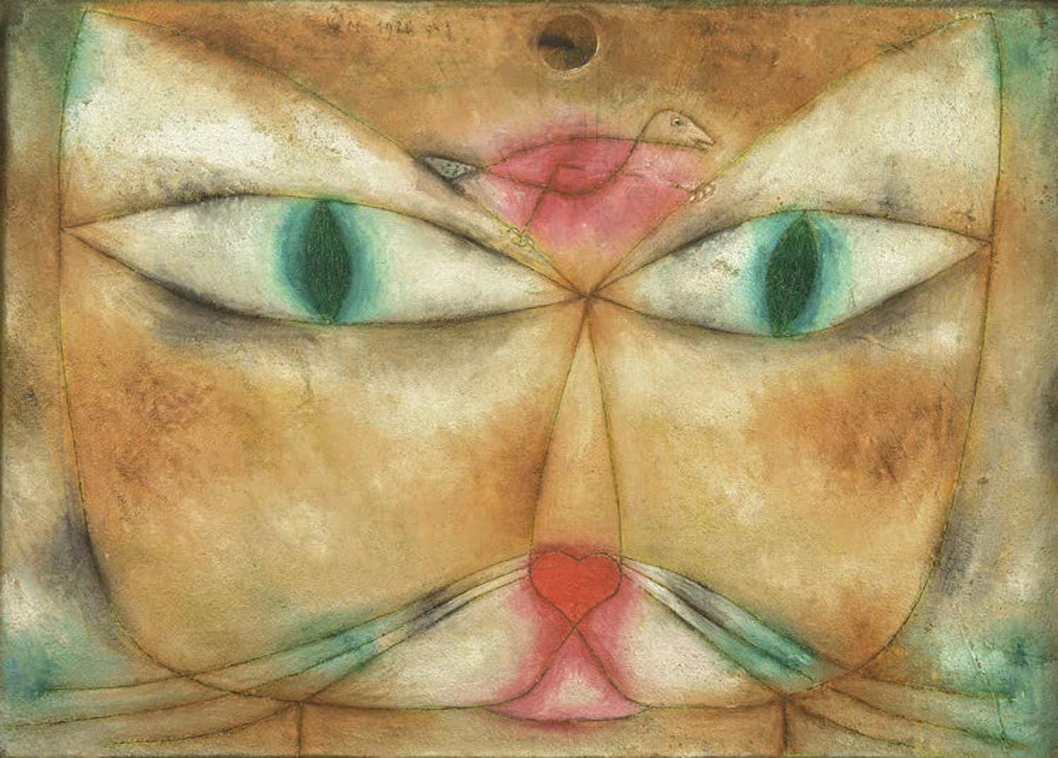 Stilisierte Katze mit großem Kopf blickt auf kleinen Vogel – farbiges Gemälde von Paul Klee.