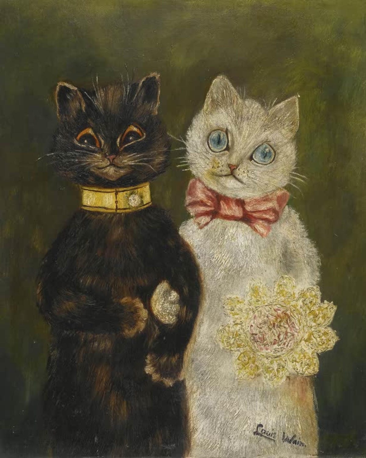 "The Bride and Groom" von Louis Wain – Katzenpaar als Braut und Bräutigam, Kunstdruck auf Leinwand oder Fine Art Papier