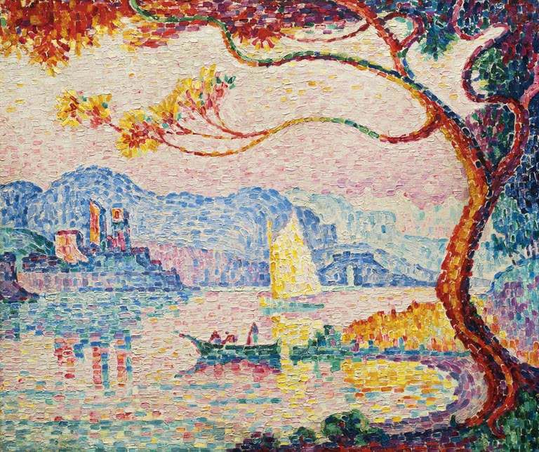 „Hafen von Antibes, Petit Port de Bacon“ von Paul Signac – farbenfrohe neoimpressionistische Hafenszene mit Booten und mediterraner Küste bei Antibes.