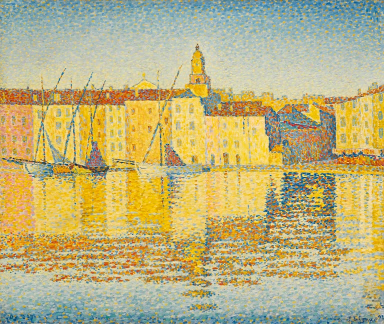 „Häuser am Hafen, Saint-Tropez“ von Paul Signac – farbenfrohe neoimpressionistische Hafenszene mit Häusern, Booten und mediterranem Meer.