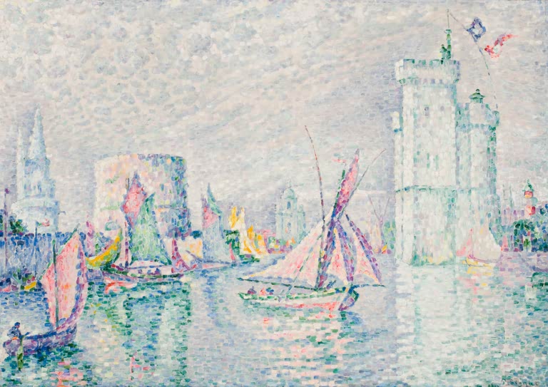 „La Rochelle“ von Paul Signac – farbenfrohe neoimpressionistische Ansicht der französischen Hafenstadt mit Wasser und Booten.