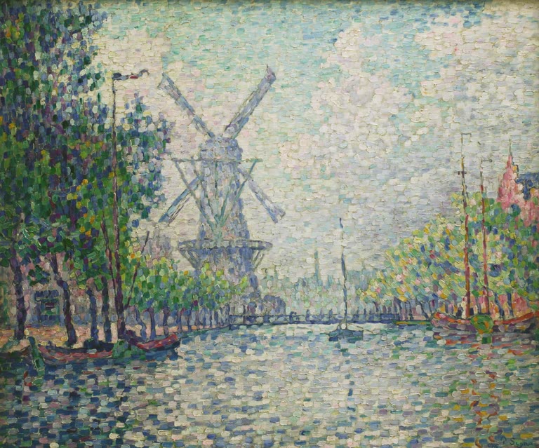 „Rotterdam, die Mühle, der Kanal, der Morgen“ von Paul Signac – morgendliche Landschaft mit Windmühle und Kanal in Rotterdam.
