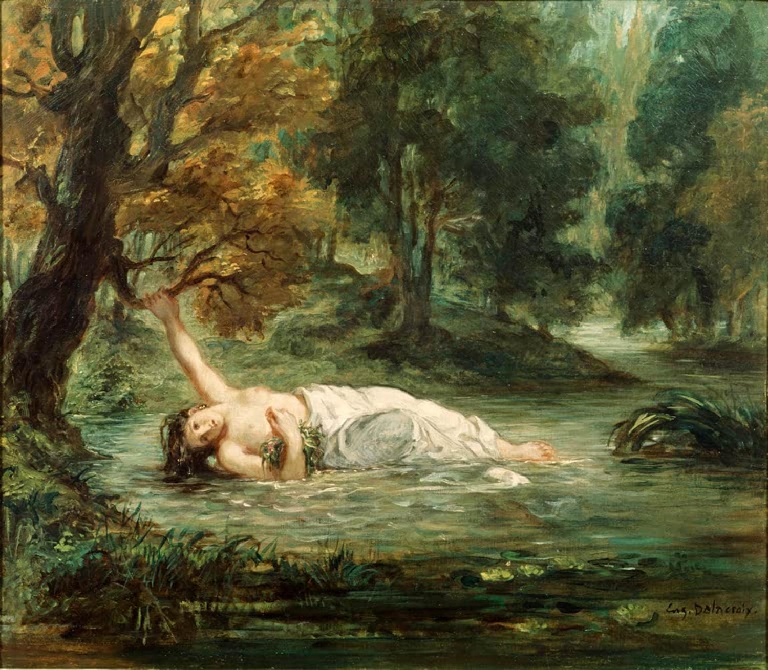 Gemälde „Tod der Ophelia“ von Eugène Delacroix, romantische Darstellung von Shakespeares Ophelia im Wasser, 19. Jahrhundert