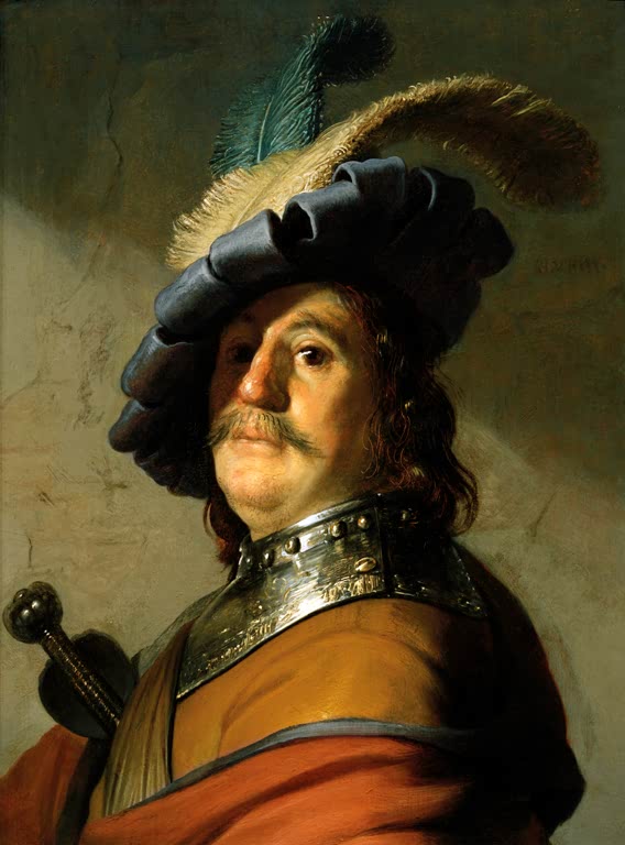 Soldat mit eisernem Halskragen und Federhut | Rembrandt van Rijn