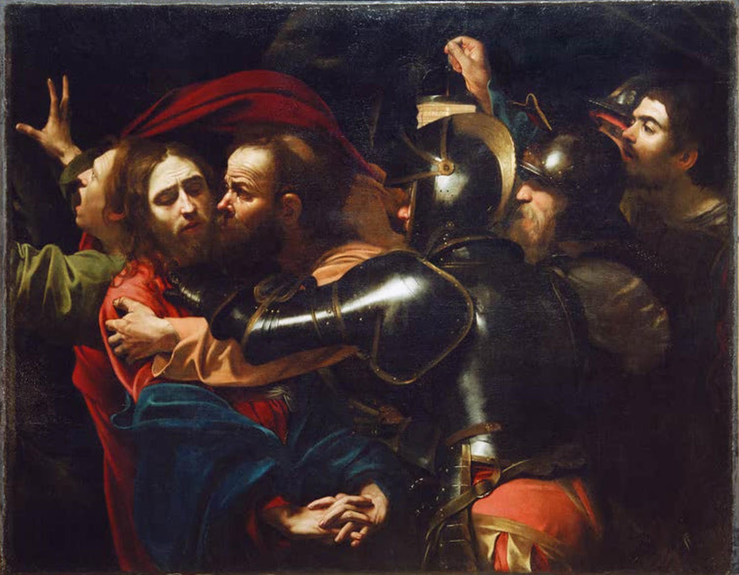Gemälde „Die Gefangennahme Christi“ von Caravaggio – Verhaftung Jesu mit dramatischer Lichtführung und intensiven Gesichtern