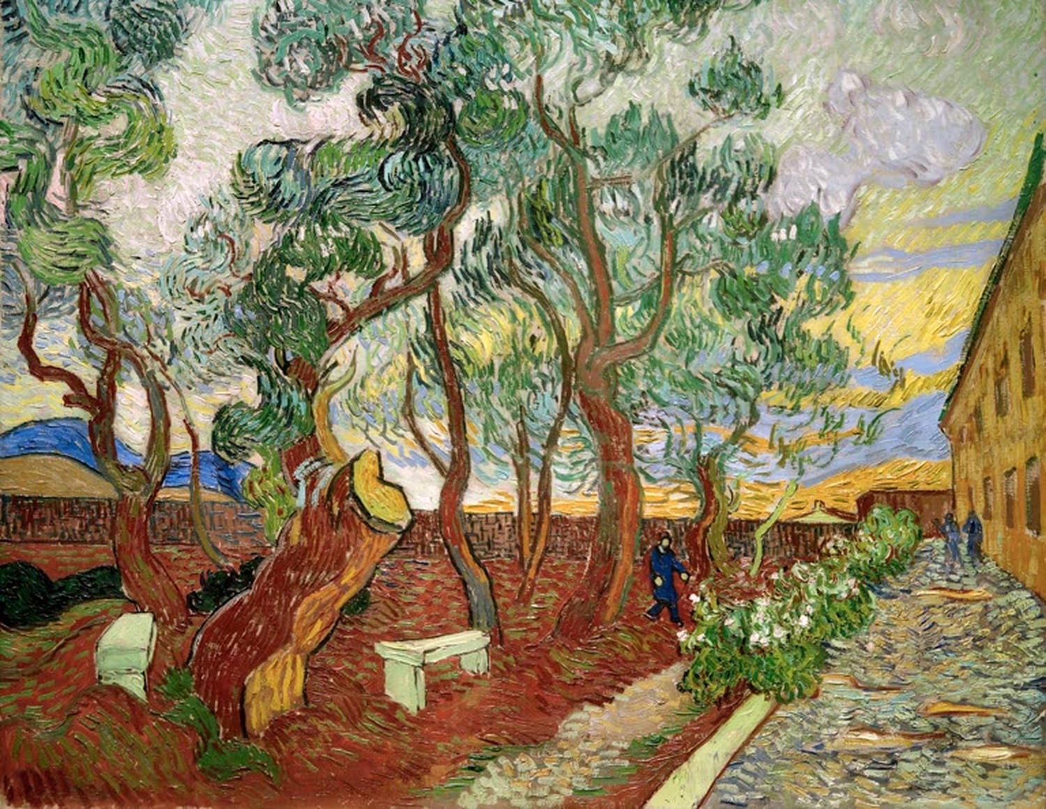 Kunstdruck des Gemäldes „Garten des Hospitals Saint Paul“ von Vincent van Gogh mit Gartenanlage, Wegen und Bäumen im expressiven Malstil