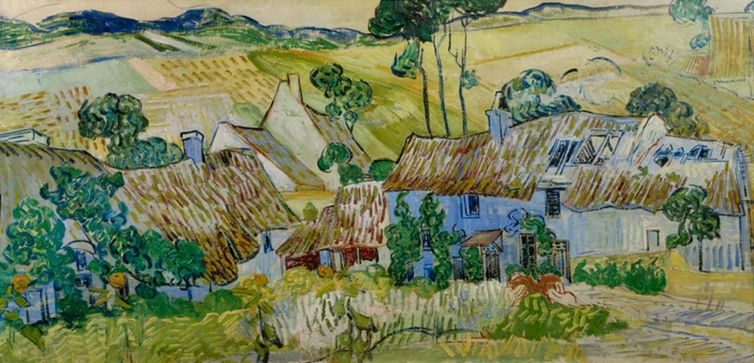 Strohgedeckte Häuser vor einem Hügel von Vincent van Gogh
