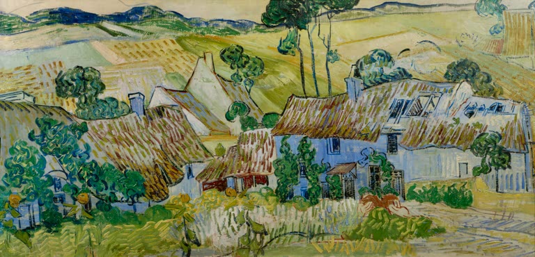 Strohgedeckte Häuser vor einem Hügel von Vincent van Gogh