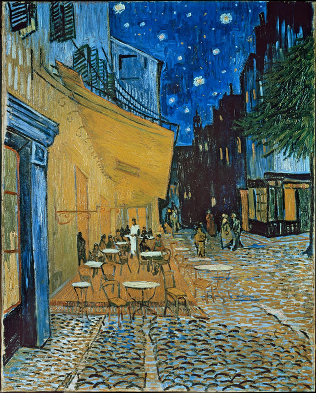 "
Caféterrasse am Abend von Vincent van Gogh – Straßenszene mit Café im warmen Abendlicht und sternenklarem Himmel"