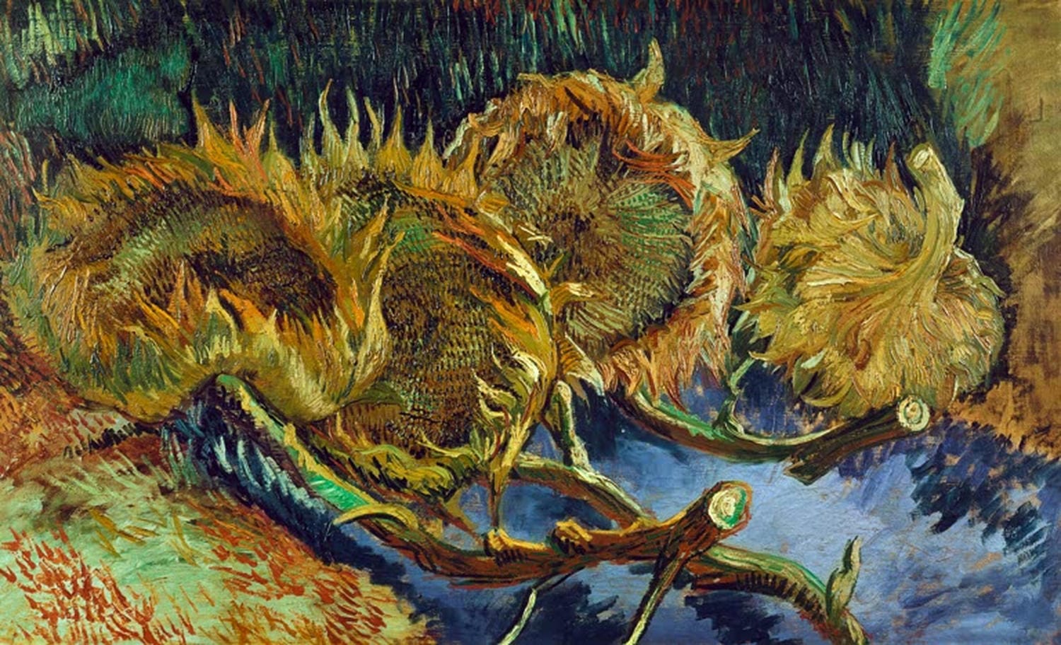 Vier verblühte Sonnenblumen von Vincent van Gogh – ausdrucksstarkes Stillleben mit verblühten Sonnenblumen, als hochwertiger Kunstdruck auf Poster oder Leinwand erhältlich.