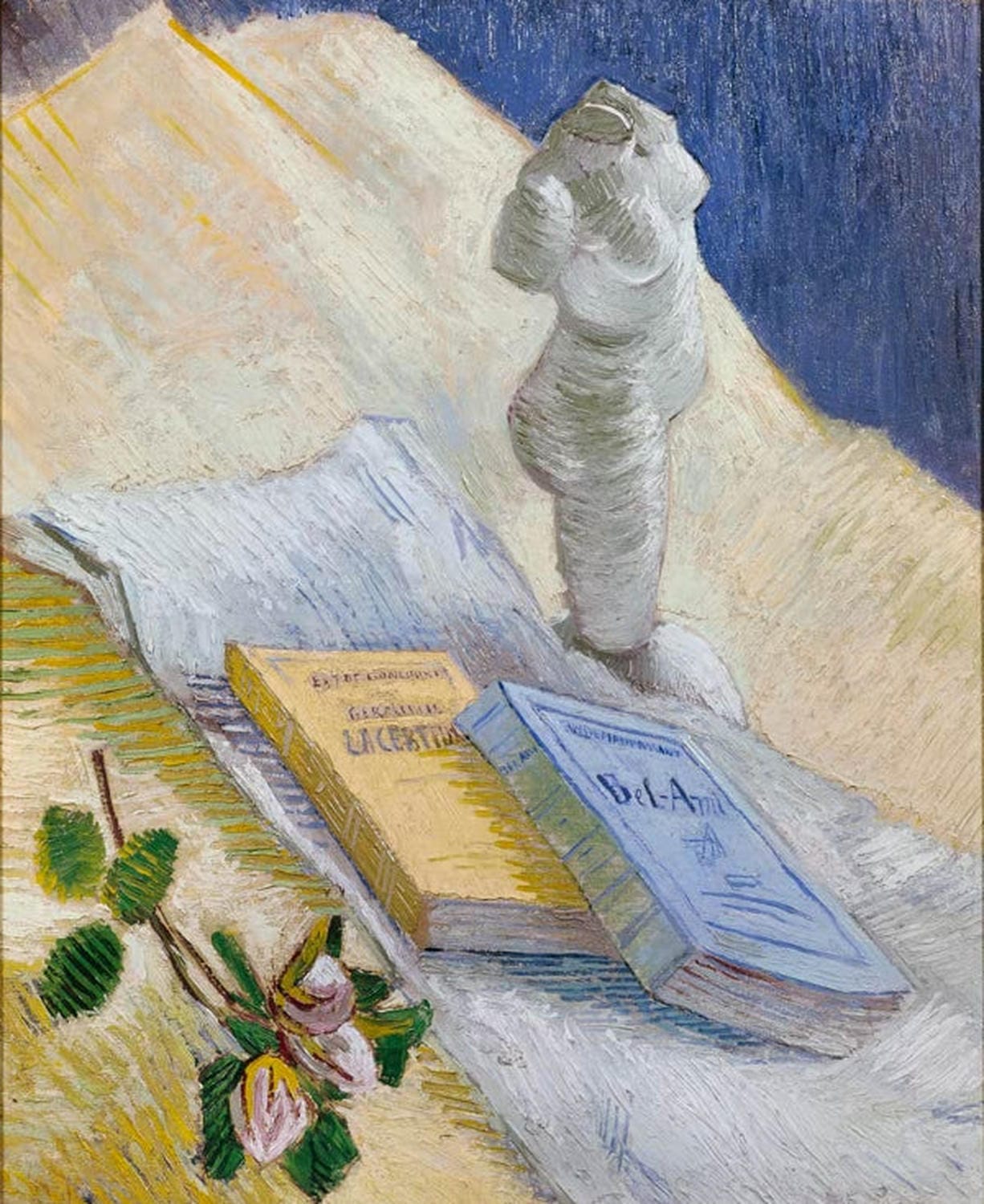 Kunstdruck des Gemäldes „Stilleben mit Gipstorso und einer Rose“ von Vincent van Gogh mit Skulpturentorso und einzelner Rose in expressiven Farben