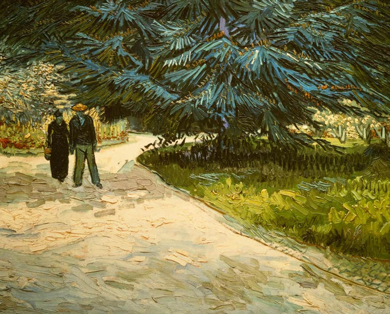 Kunstdruck des Gemäldes „Paar im Park von Arles“ von Vincent van Gogh mit Spaziergängerpaar in einem Park mit Bäumen und lebendigen Farben