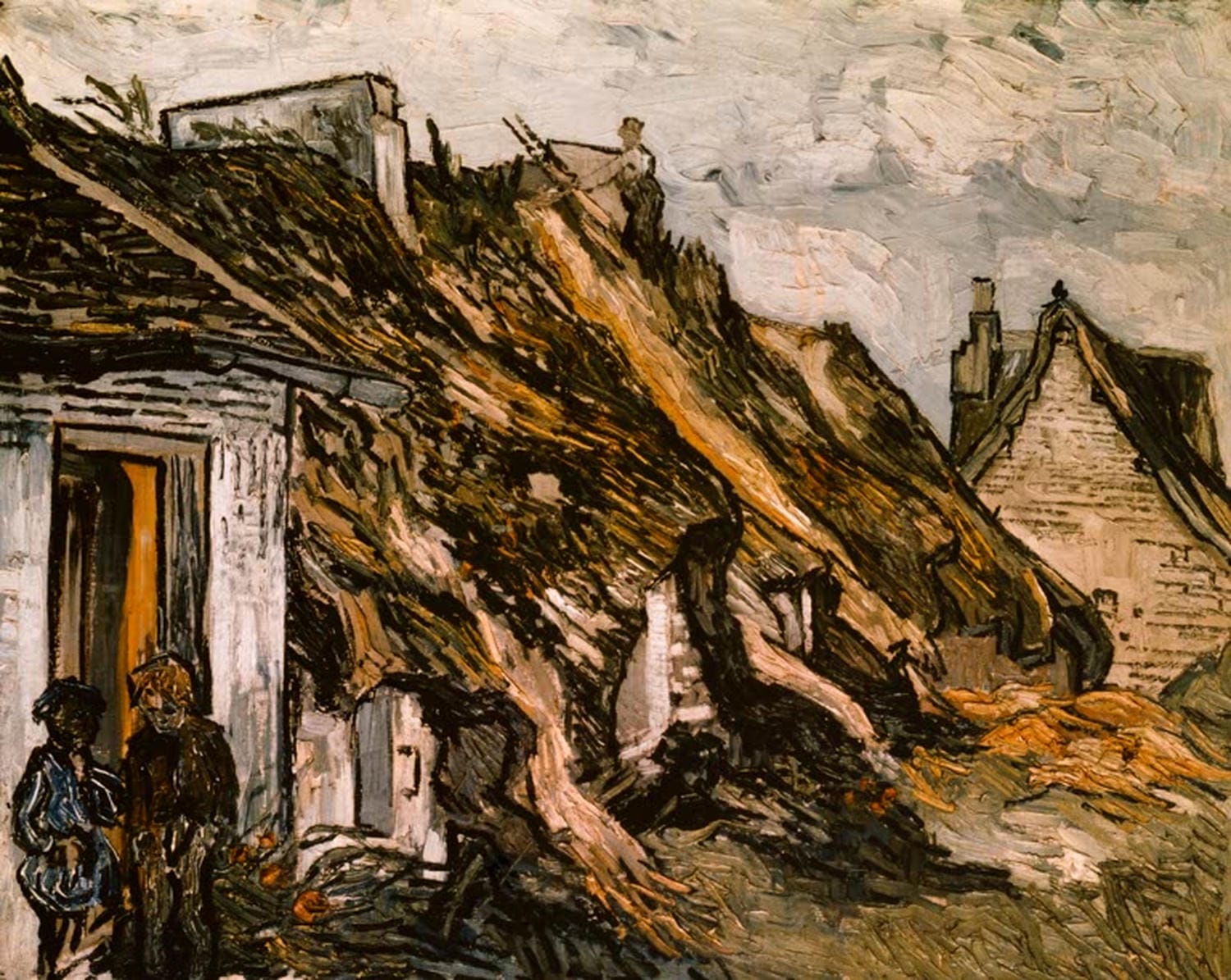 Kunstdruck des Gemäldes „Strohgedeckte Hütten Chapon“ von Vincent van Gogh mit ländlichen Strohdach-Häusern in warmen, lebendigen Farben