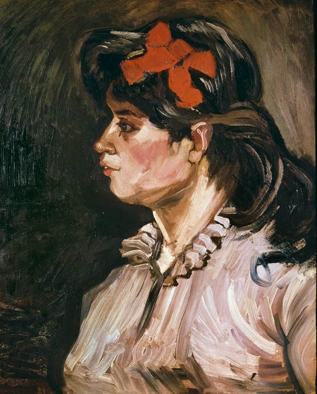 Kunstdruck des Gemäldes „Porträt einer Frau mit rotem Band“ von Vincent van Gogh mit Porträt einer Frau in lebendigen Farben und rotem Haarband