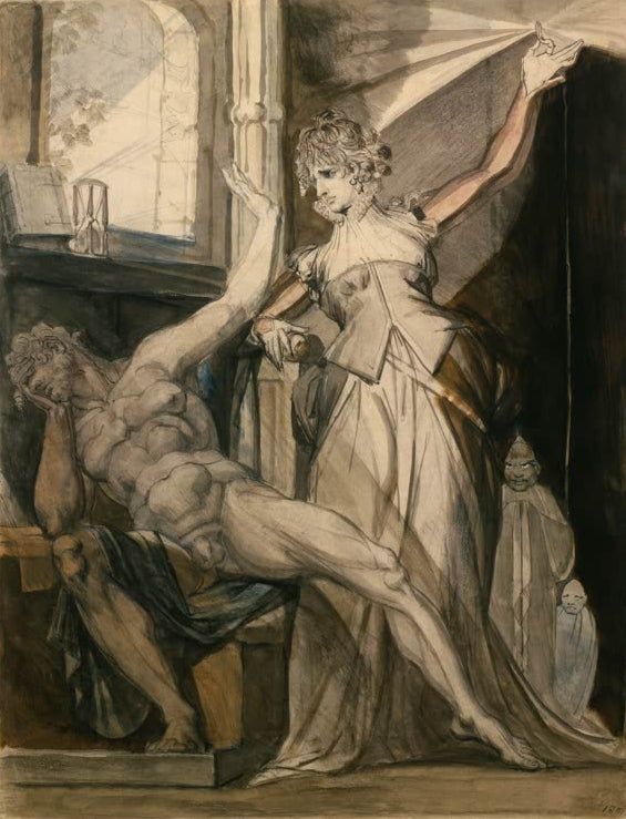 Kriemhild, von zwei hunnischen Dienern begleitet, zeigt Hagen im Gefängnis den Nibelungenring | Johann Heinrich Füssli