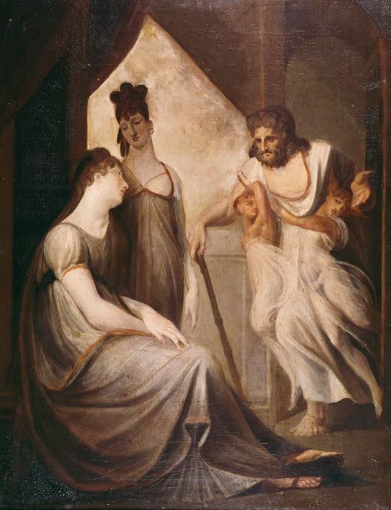 Thetis bittet den auf die zwei künstlichen goldenen Jungfrauen gestützten Hephaistos um Waffen für Achilleus | Johann Heinrich Füssli