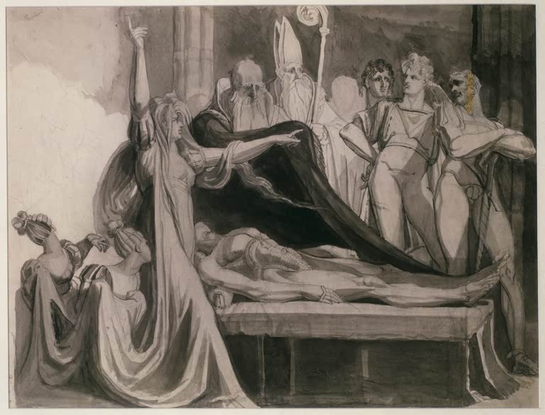Kunstdruck des Gemäldes Kriemhild klagt an der Leiche Siegfrieds von Johann Heinrich Füssli