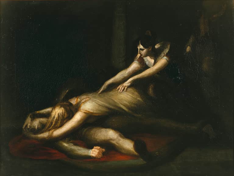 Kunstdruck des Gemäldes Kriemhild wirft sich über von Johann Heinrich Füssli