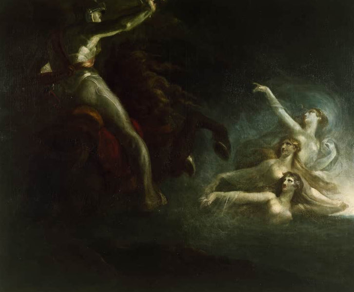 Kunstdruck des Gemäldes Donaunixen prophezeien Hagen von Johann Heinrich Füssli