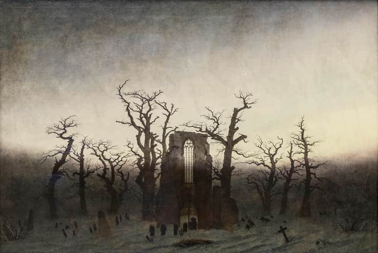 „Abtei im Eichwald“ von Caspar David Friedrich – gotische Klosterruine zwischen alten Eichen in einer winterlichen Landschaft.