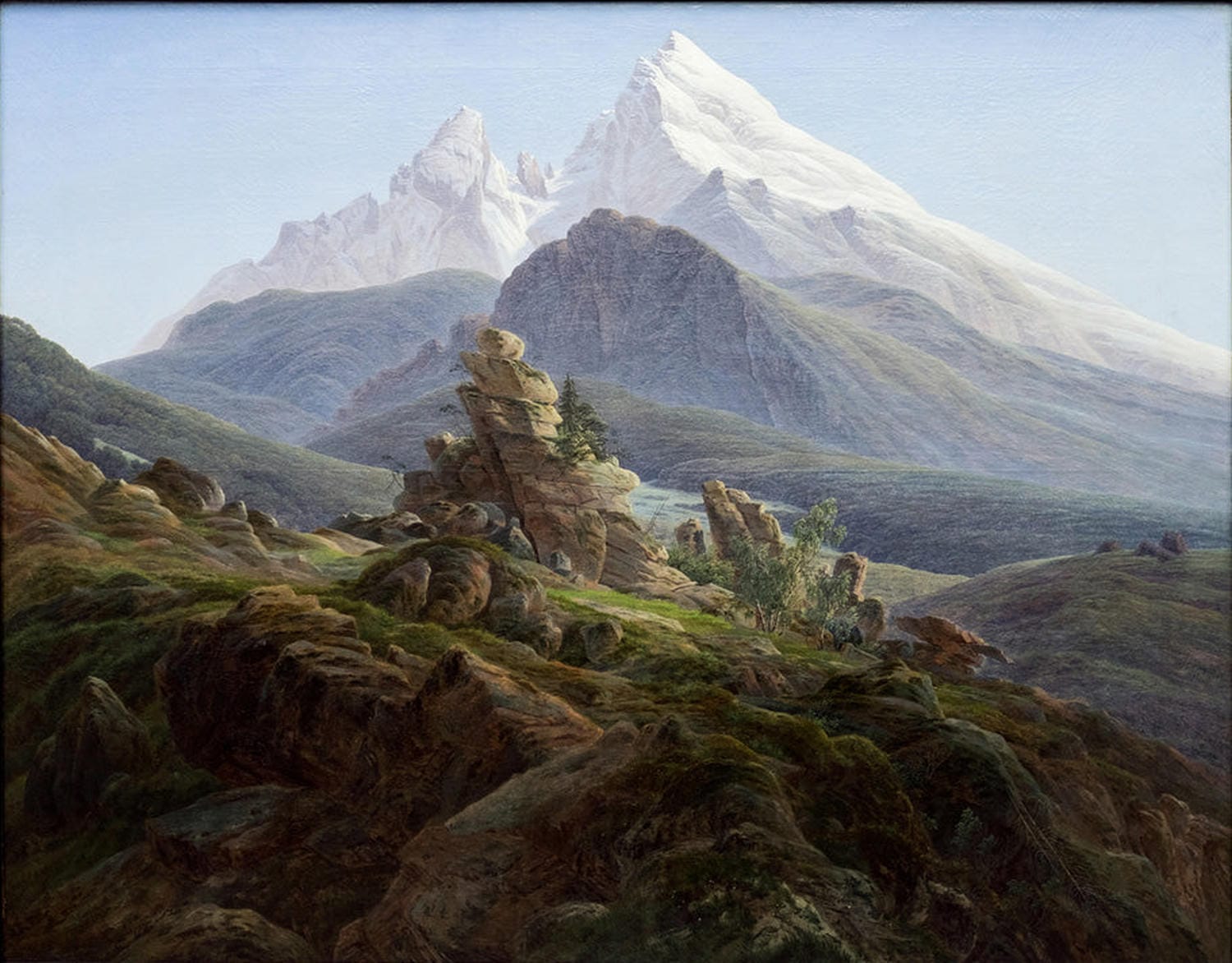 Kunstreproduktion von Caspar David Friedrichs Der Watzmann mit imposantem Alpenpanorama in romantischem Licht.
