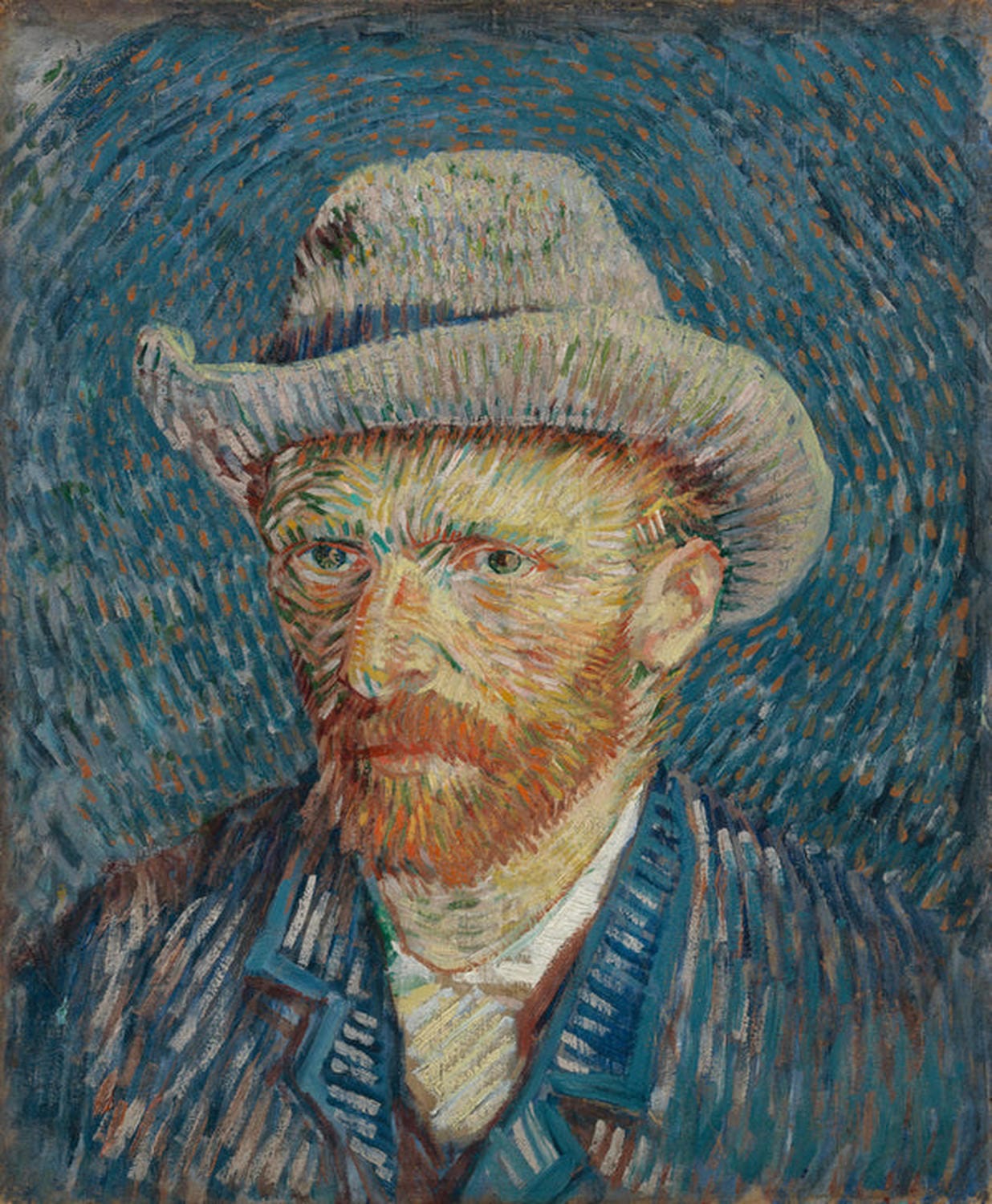 Selbstporträt von Vincent van Gogh mit grauem Hut vor blauem Hintergrund.