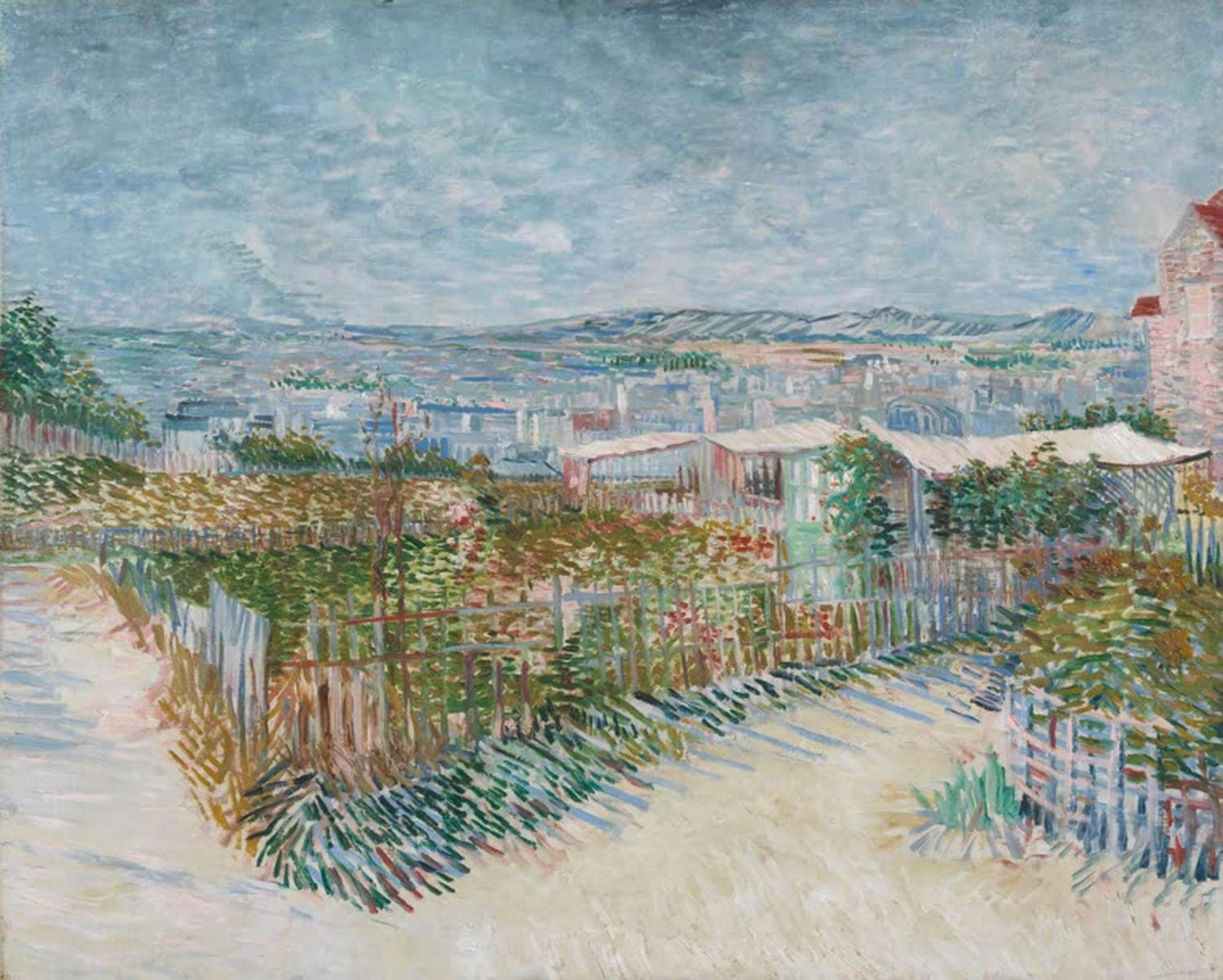 Kunstdruck „Gemüsegärten am Montmartre“ von Vincent van Gogh – farbenfrohe Pariser Gartenlandschaft als hochwertiger Kunstdruck, wahlweise auf Leinwand oder Poster, handgefertigt in Deutschland.