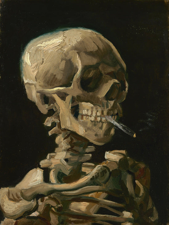 Vincent van Goghs Gemälde zeigt einen menschlichen Schädel mit einer brennenden Zigarette im Mund vor dunklem Hintergrund.