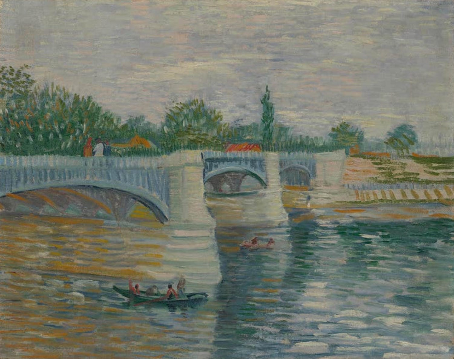 „Die Seine mit der Pont de la Grande“ von Vincent van Gogh: Flusslandschaft mit Brücke, Booten und Uferbäumen in lebendigen Farben und dynamischen Pinselstrichen.