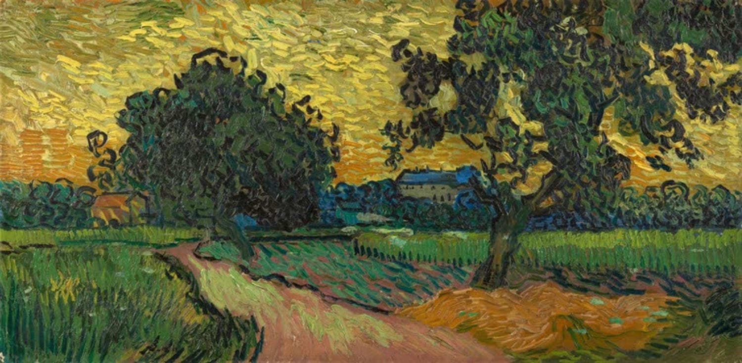 Zwei Birnbäume und das Schloß von Auvers (Landschaft in der Dämmerung) von Vincent van Gogh