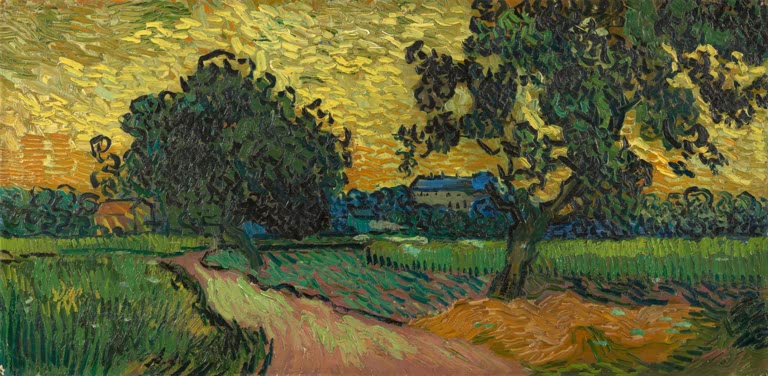 Zwei Birnbäume und das Schloß von Auvers (Landschaft in der Dämmerung) von Vincent van Gogh